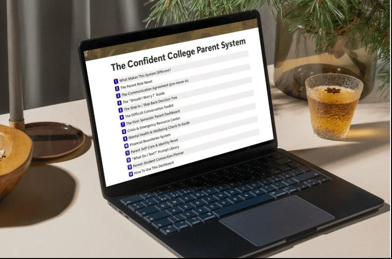 A black laptop sits open on a tabletop, displaying a document titled "The Confident College Parent System." The scene is styled with a wooden bowl of popcorn on the left, a glass of amber drink on the right, and evergreen branches in the background, suggesting a home or cafe environment.