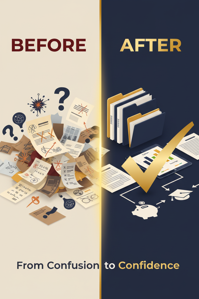 Before and after using the College Cost Confidence Blueprint — from confusion to confidence