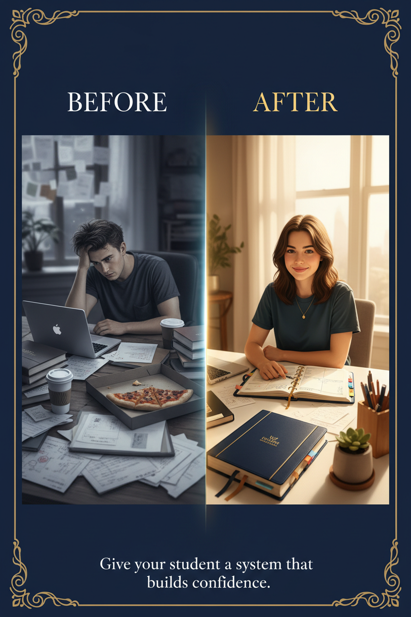 Before and after transformation image showing a stressed student becoming calm and confident using the Semester Success Planner
