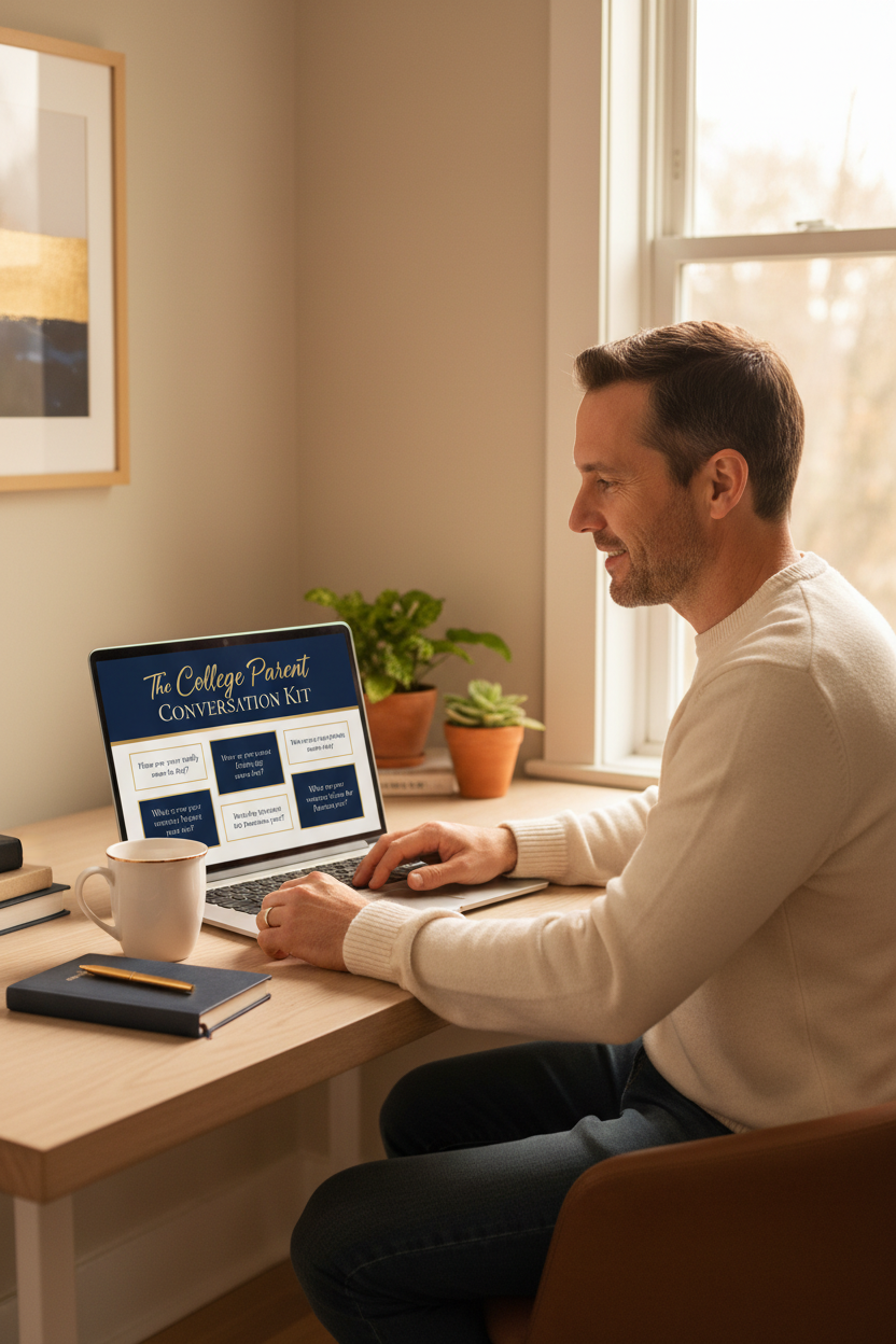 Lifestyle image - parent using The College Parent Conversation Kit on laptop