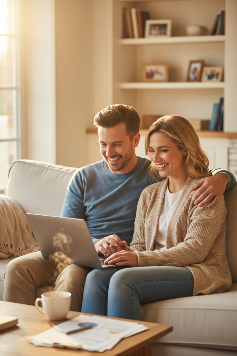 Happy relaxed parents confidently planning for college
