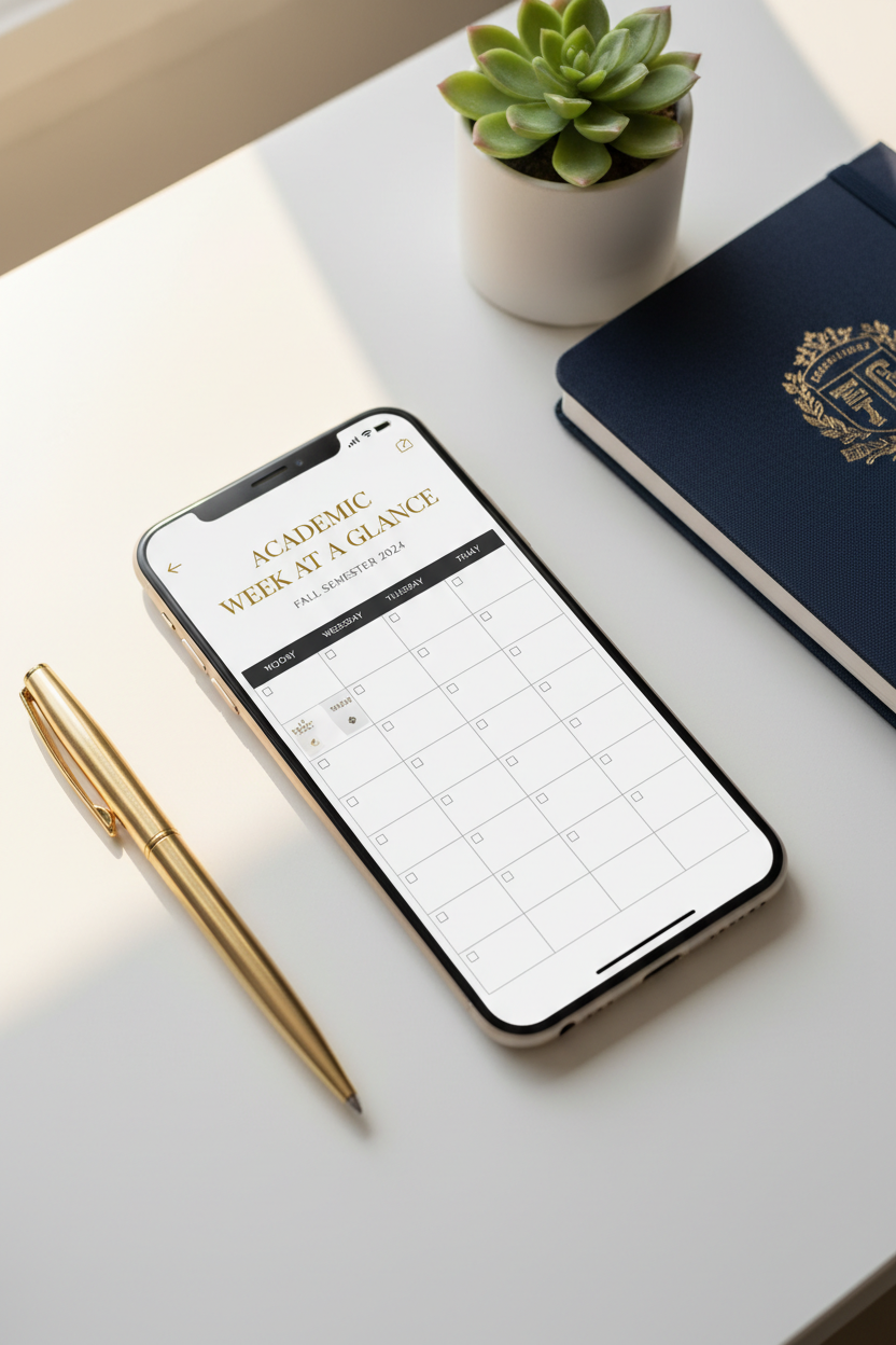 Semester Success Planner digital planner displayed on a smartphone screen on a minimal desk with navy and gold accent props
