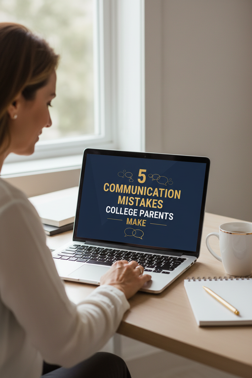 Parent reading 5 Communication Mistakes College Parents Make guide on a laptop