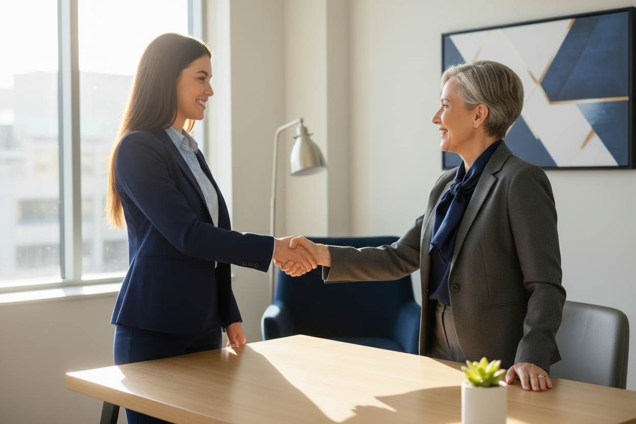 College student shaking hands with interviewer after job offer
