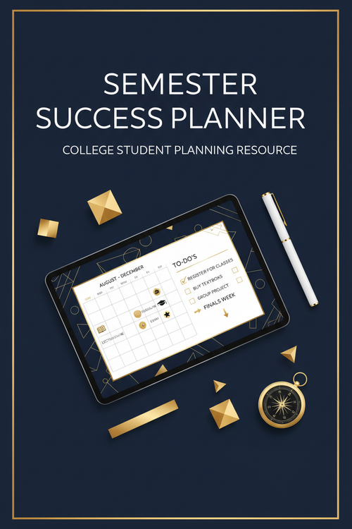 Semester Success Planner hero cover image with navy blue background, gold accents, and white typography