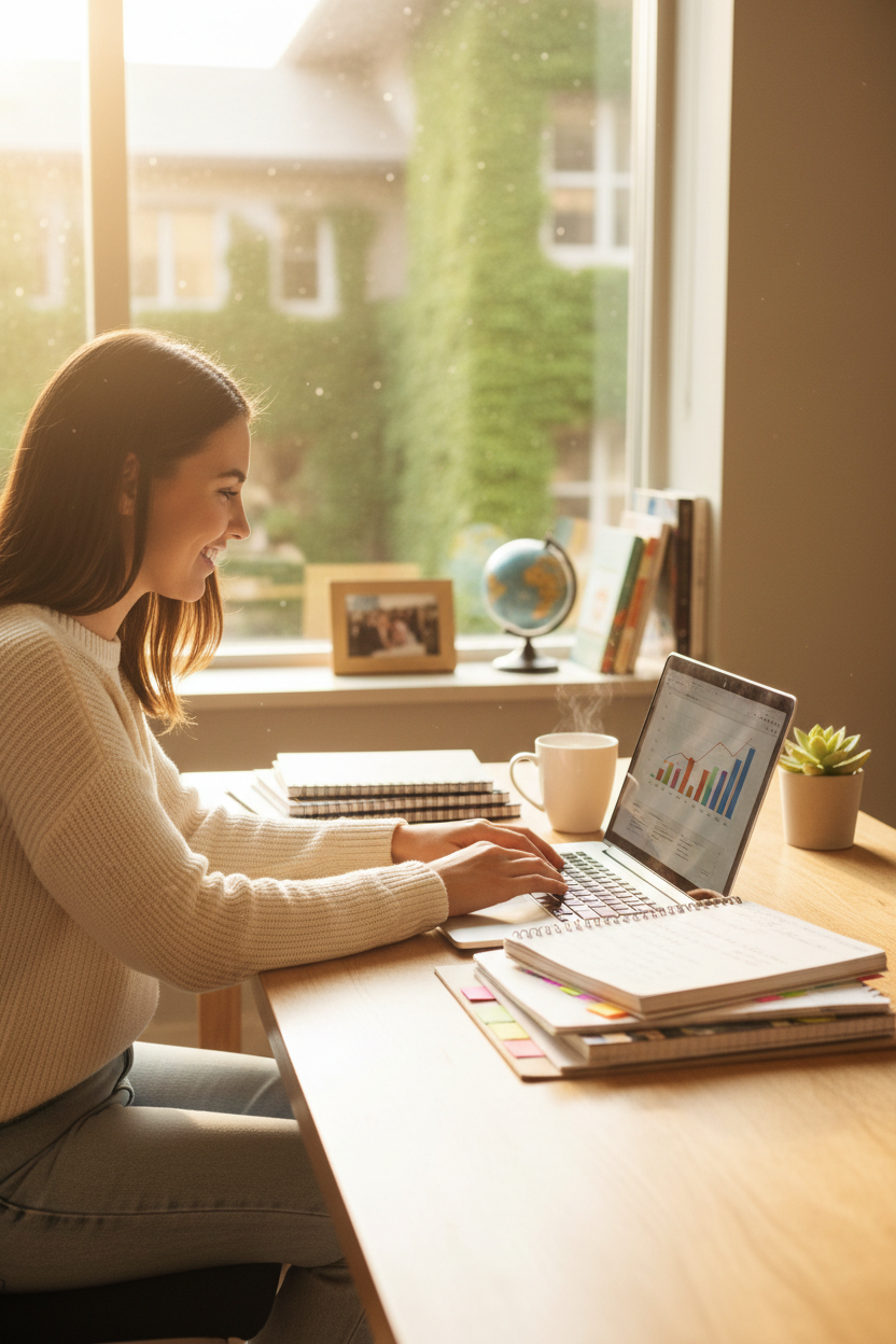 Confident college student at organized desk studying successfully