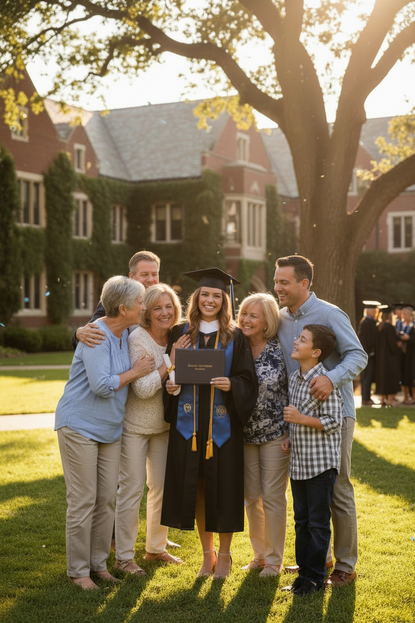 Happy family celebrating daughter's college graduation