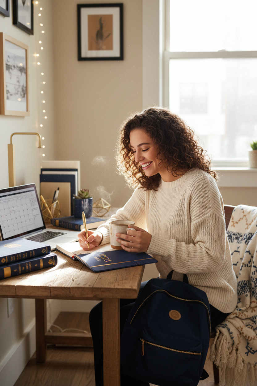 Happy college student smiling while planning her academic work at a desk with organized study materials