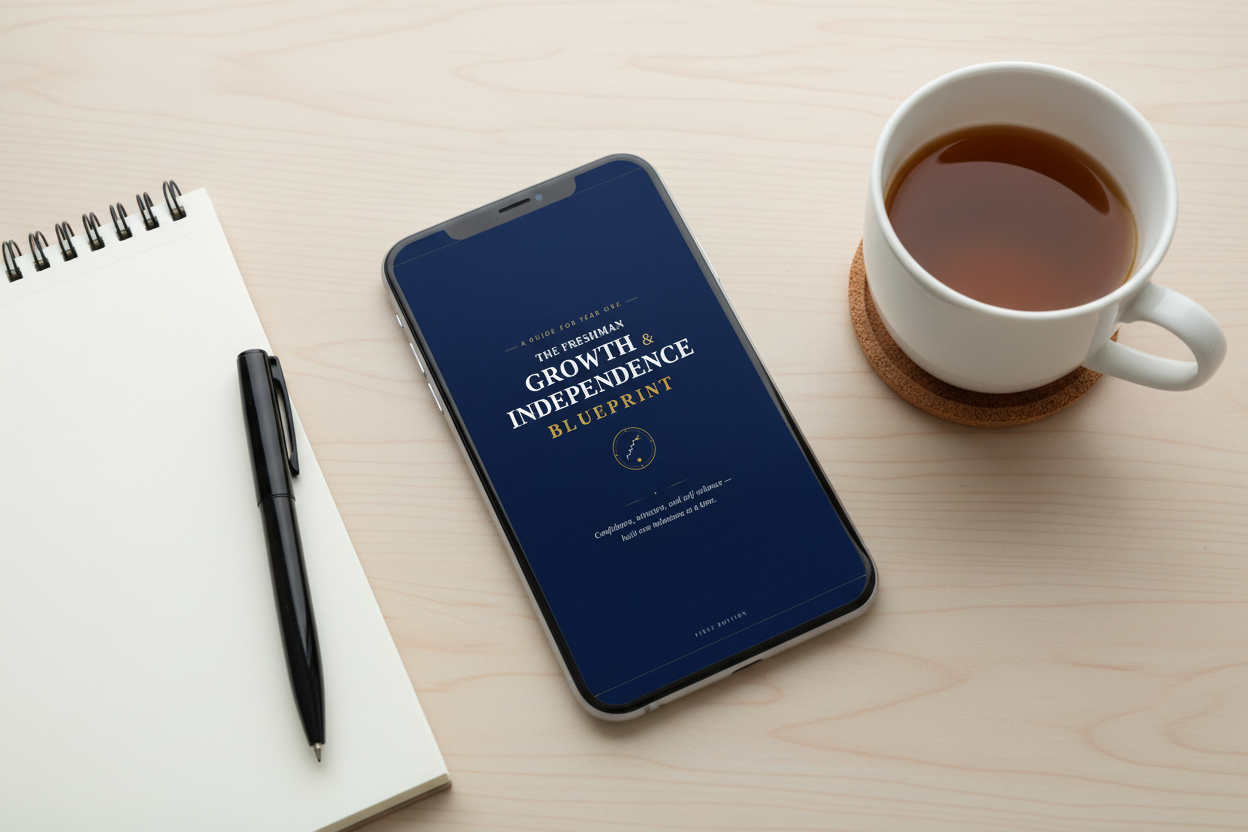Smartphone displaying The Freshman Growth & Independence Blueprint on a desk with notebook and coffee
