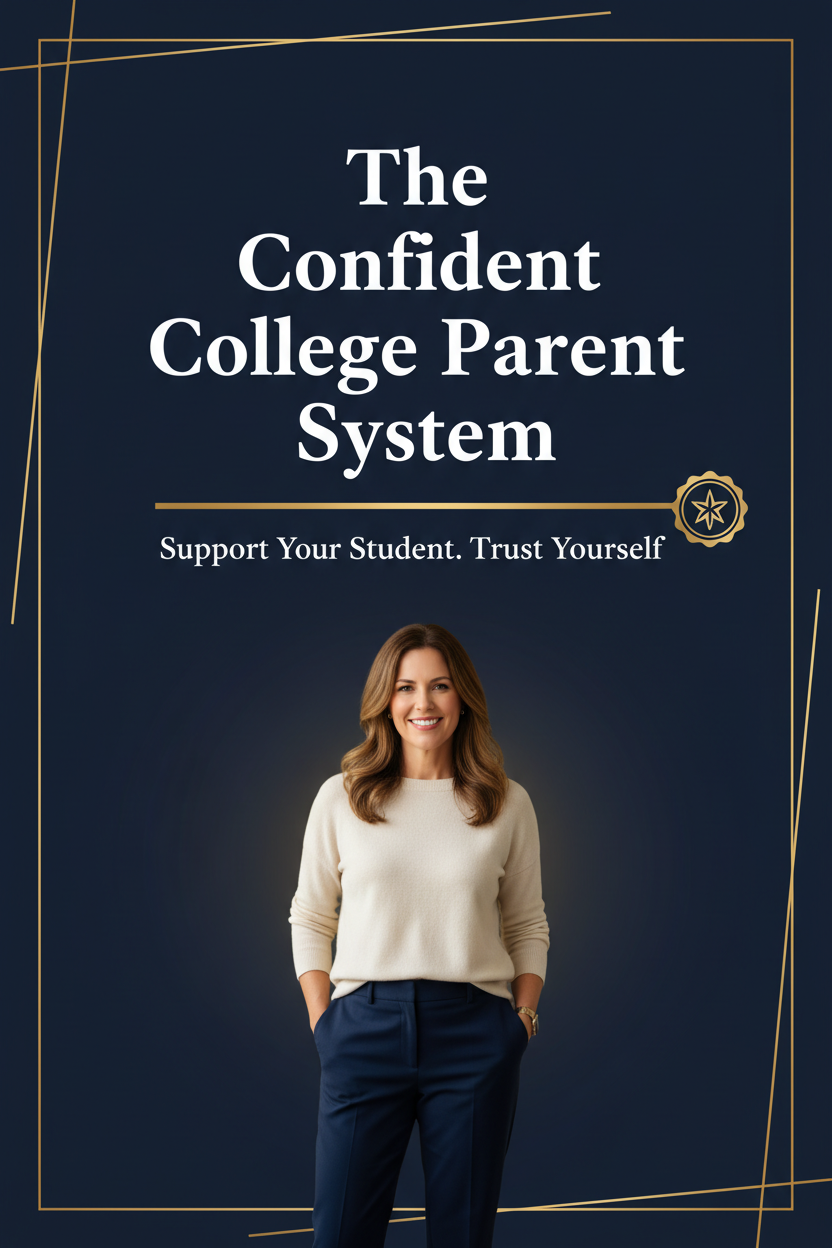 Navy blue hero cover with gold accents featuring the title The Confident College Parent System centered with a confident parent figure in the lower portion